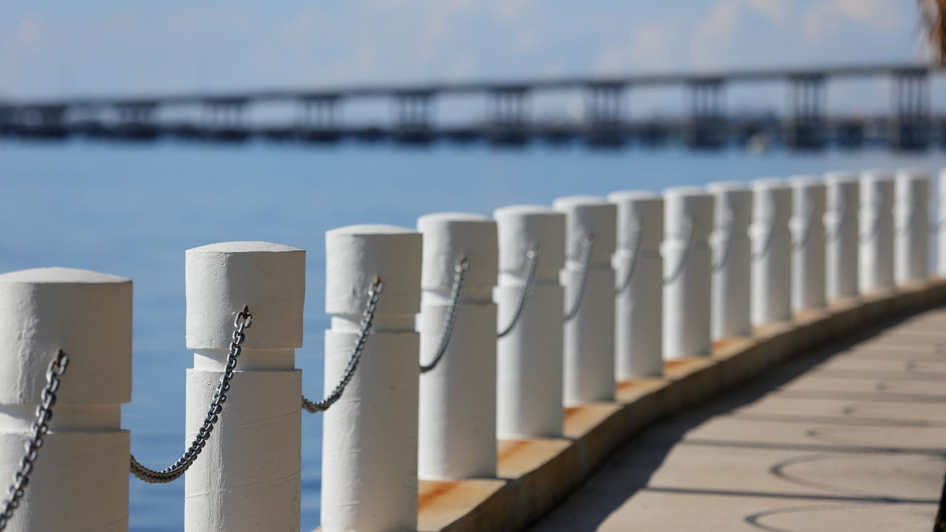 fence along the bay with bridge in background